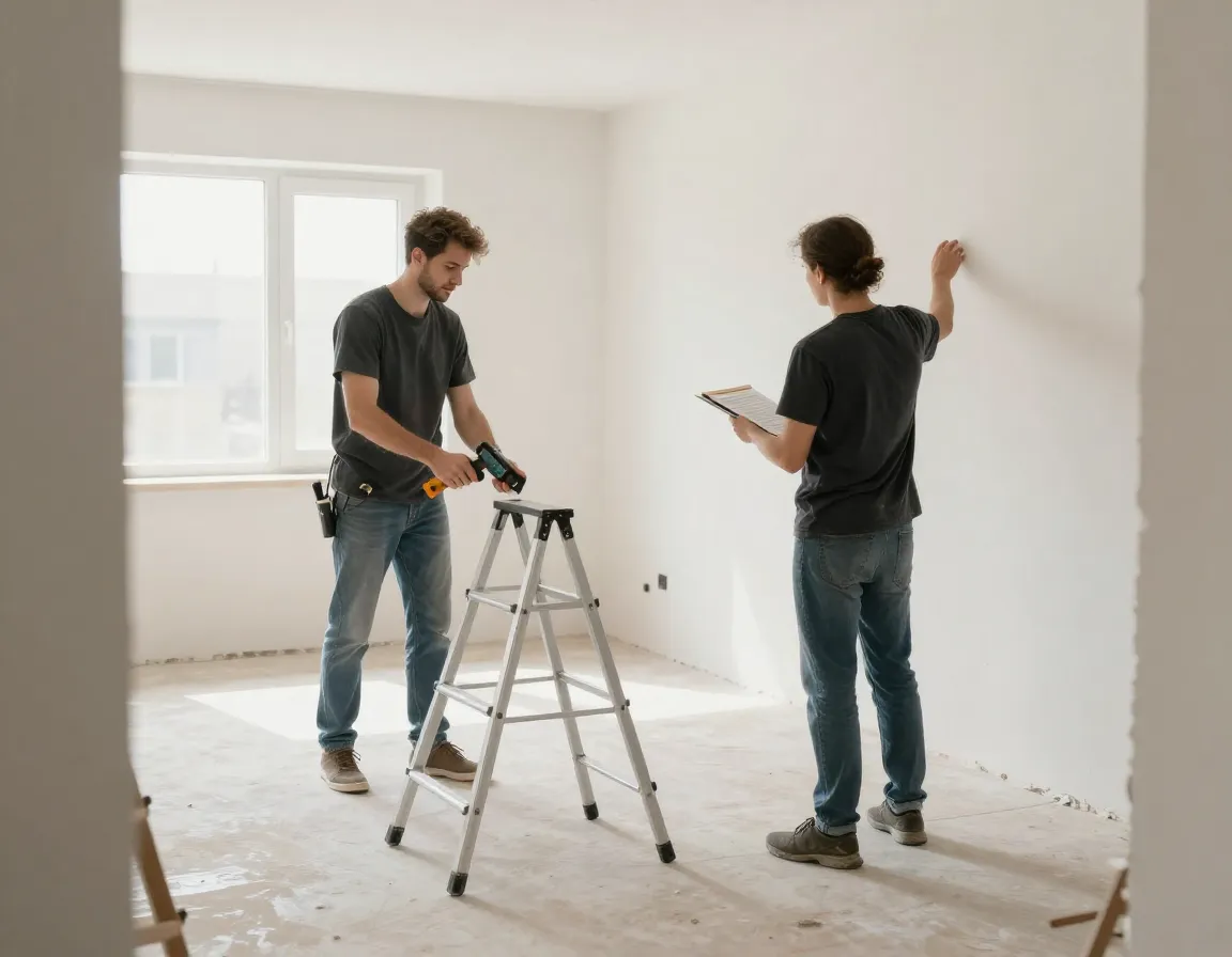 Equipo profesional realizando renovación de apartamento con herramientas modernas