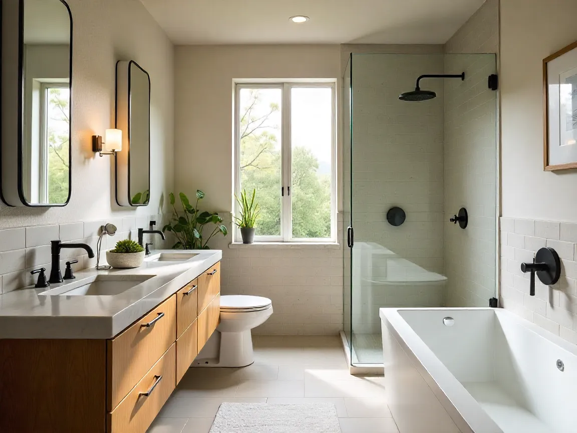 Baño de lujo con acabados premium, ducha de vidrio y accesorios modernos